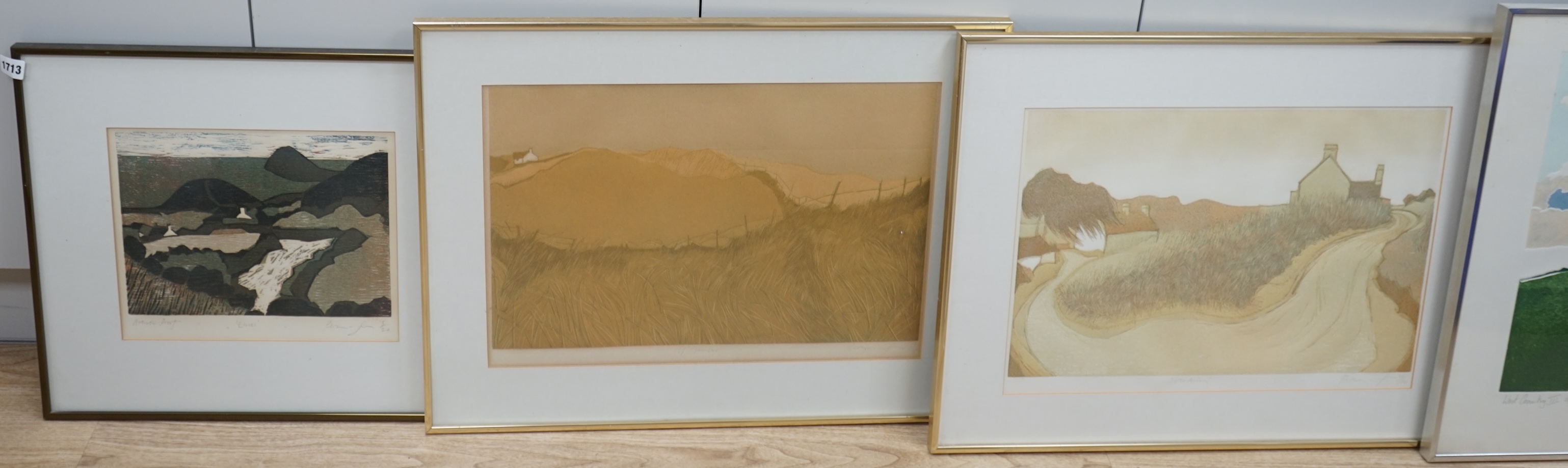 Four pencil signed colour etchings, including 'West Country III', by Barbara Newcomb, limited edition 24/100 and an artist's proof example, indistinctly signed, largest 54 x 71cm. Condition - poor to fair, discolouration
